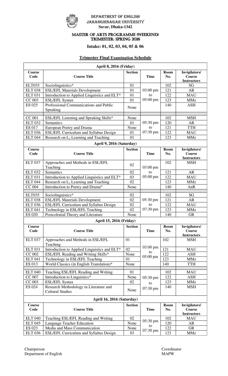 MAPW Trimester Final Examination Schedule (for all intakes) Spring