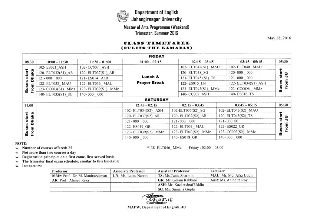 Class Timetable (During the Ramadan) – Department of English ...