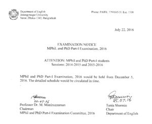 M.Phil & P.hD Part-I Exam 2014-2015, 2015-2016