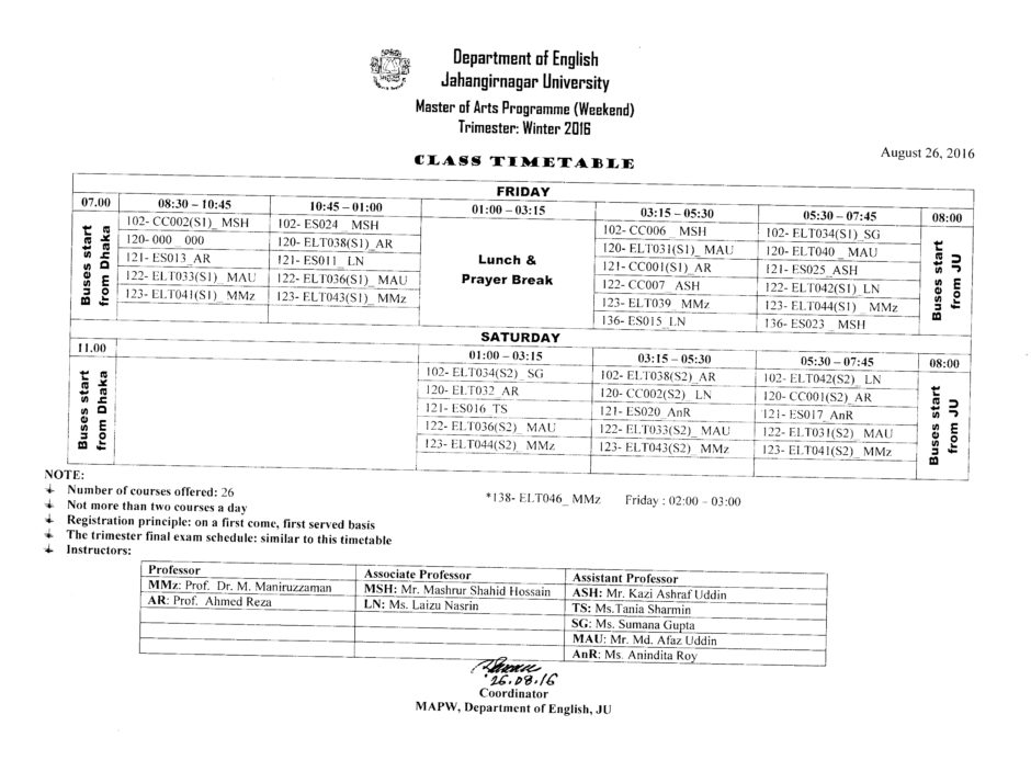 Class Timetable Winter 2016 – Department of English Jahangirnagar ...