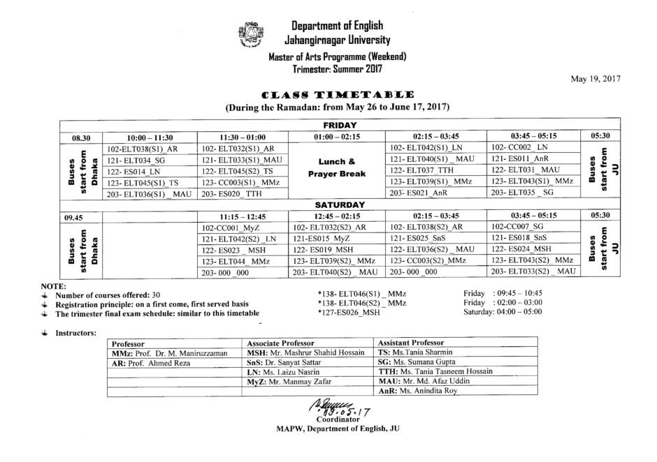 Class Timetable Trimester: Summer 2017 (During the Ramadan ...