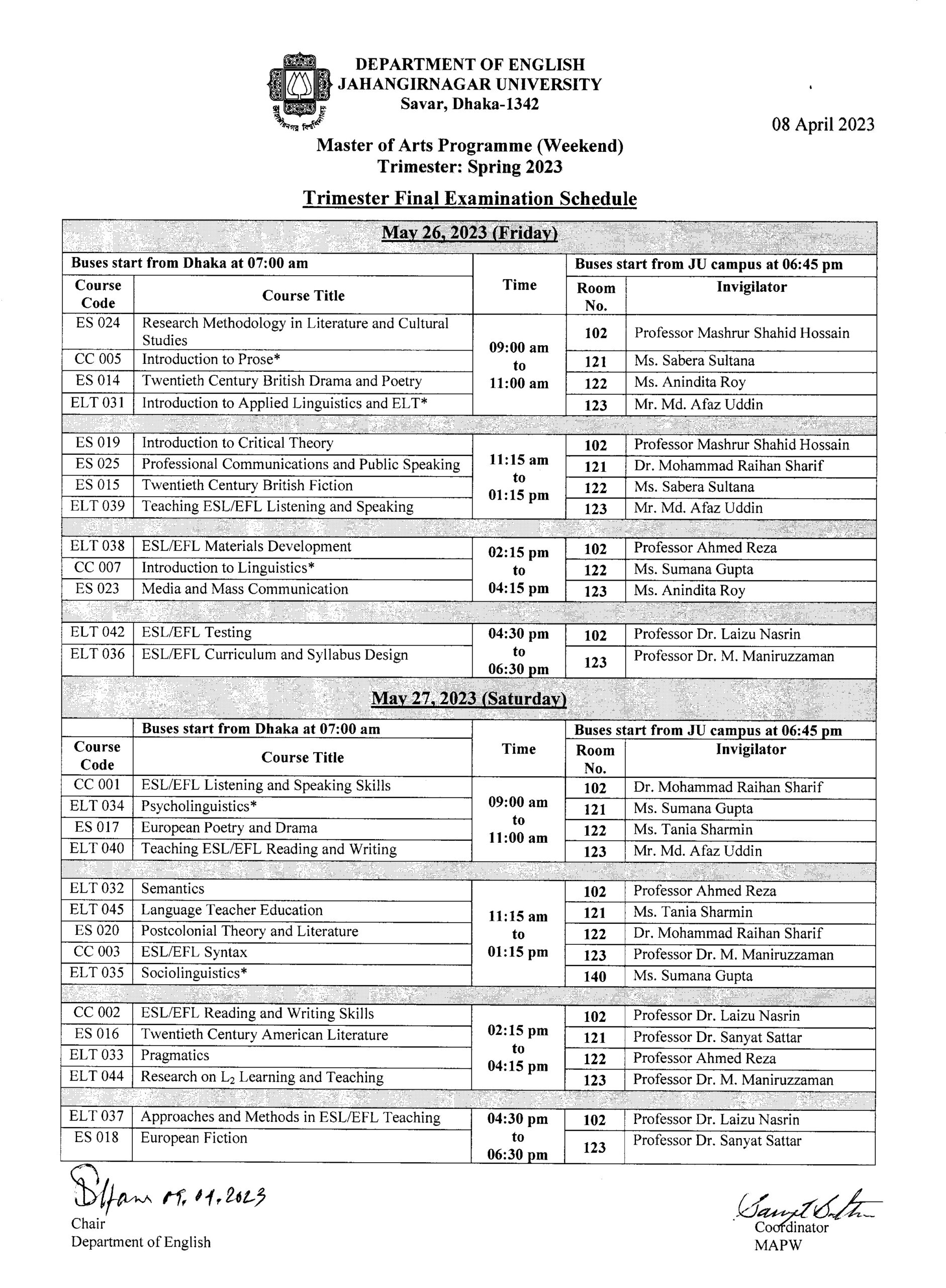 Trimester Final Examination Schedule: Spring 2023 – Department of English Jahangirnagar University