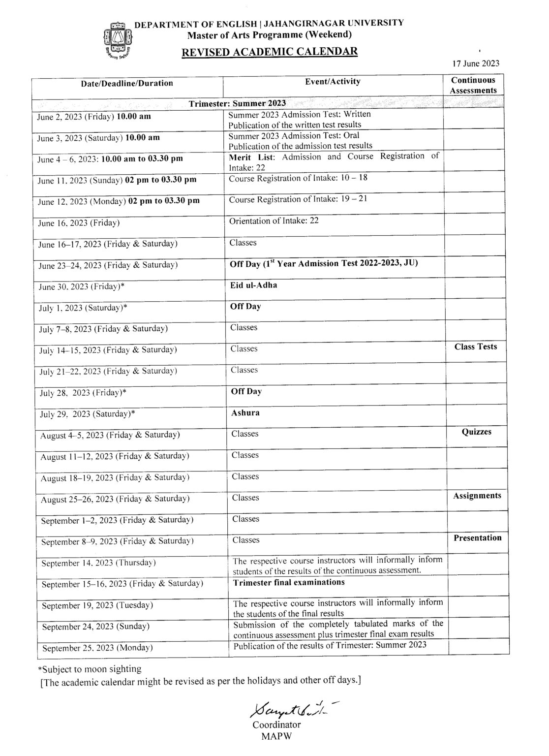 Revised Academic Calendar Summer 2023 Department of English