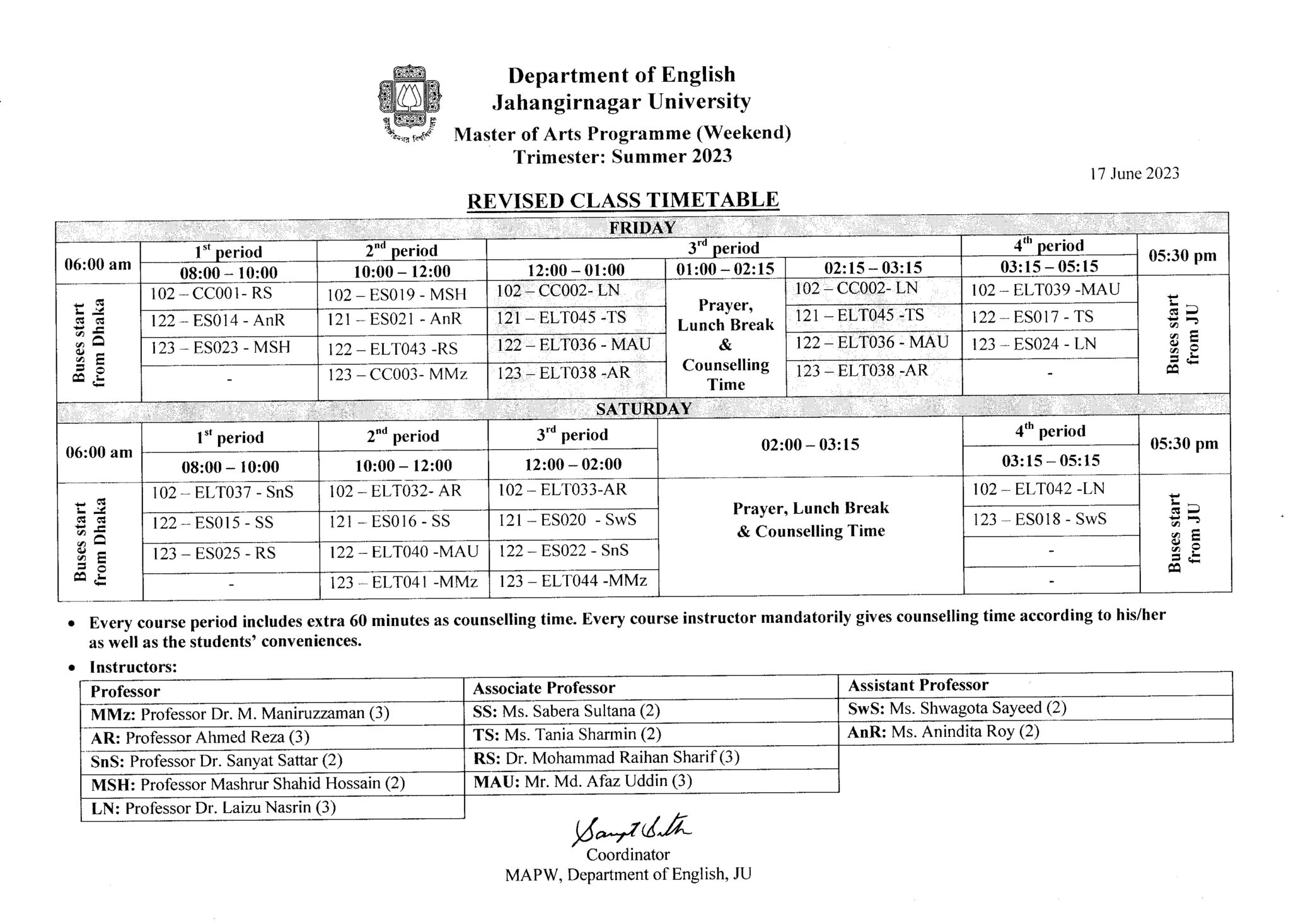 Revised Class Timetable Summer: 2023 – Department of English ...